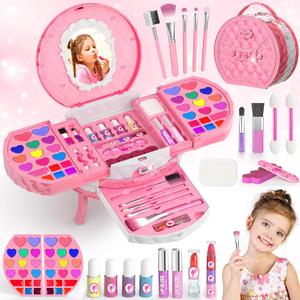 PERRYHOME Kids Makeup Kit for Girl, 59 Pcs Washable Real Cosmetic Set with Mirror, Non-Toxic Kids Makeup Set, Toddler Nail Polish Kit, Princess Makeup Toys & Birthday Gifts for 3-12 Years Old (Pink)