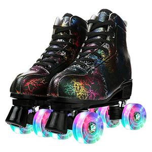 Cowhide High-Top Roller Skates - Classic Double-Row Four-Wheel Skates for Men, Women, Girls (Lightning Black Flash Wheel, 41)