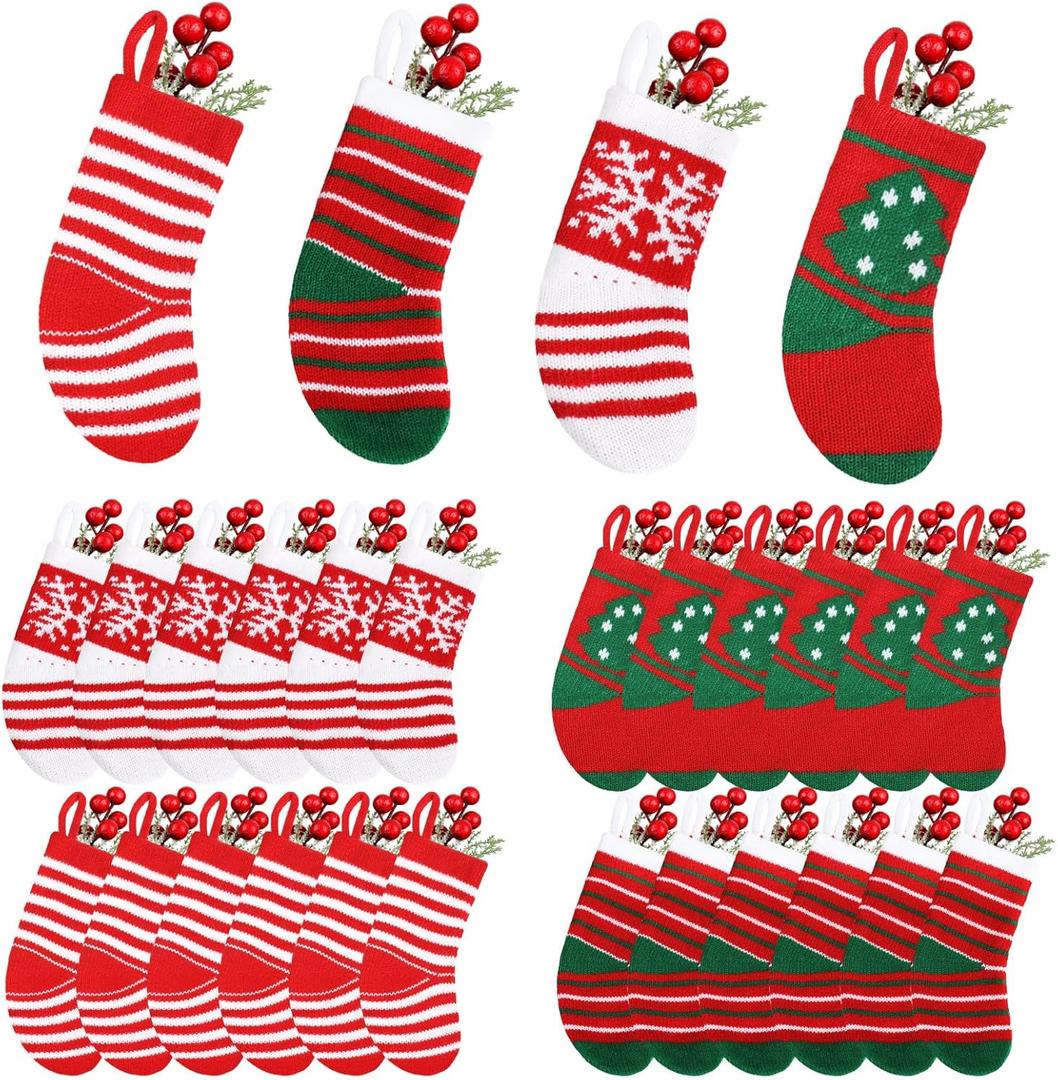 Shinymoon 24 Pcs Mini Knit Christmas Stockings 5 Inch Small Stocking Hanging Knitted Miniature Stockings Stripe Snowflake Tree Xmas Tiny Stocking Party Decor, 4 Assorted Styles