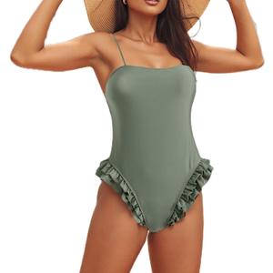 Mxiqqpltky One Piece Womens Swimsuits Y2k Ruffle Bathing Suit Spaghetti Strap Square Neck Tummy Control Slimming Swimwear (Green, L)