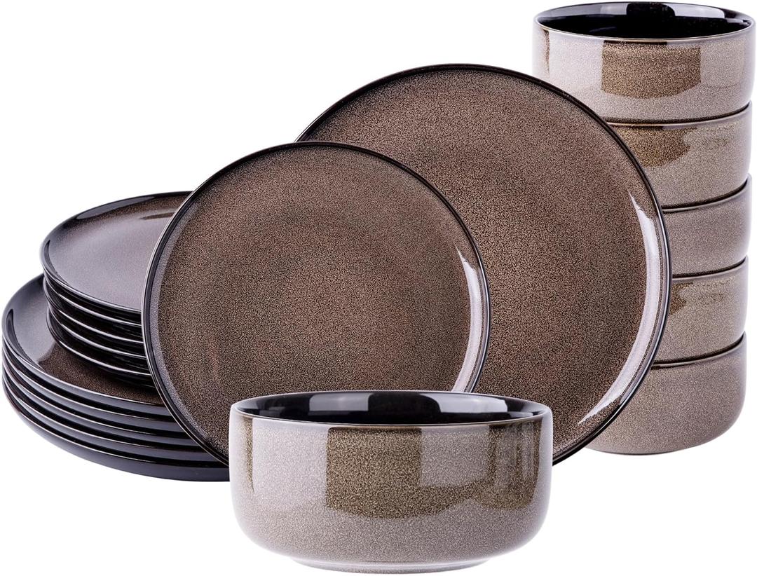 LeRatio Ceramic Dinnerware Sets for 6,Poreclain Plates and Bowls Sets,Handmade Reactive Glaze Dishes Set,Chip Resistant and Scratch Resistant | Oven&Dishwasher & Microwave Safe-Chestnut(18PCS) (Service for 6 (18 Pcs), Modern-Chestnut)