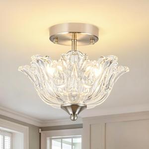 Semi Flush Mount Ceiling Light, Brushed Nickel Light fixtures with Floral Clear Glass Shade, Modern Close-to-Ceiling Lighting for Bedroom Kitchen Living Room Hallway