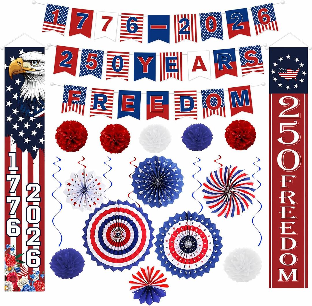 27 PCS 250th Anniversary USA 4th of July Decorations Set,Patriotic Red White Blue Party Kit for America’s 250th Birthday,Independence Day & Memorial Day with Paper Fans,Pom Poms & Banners