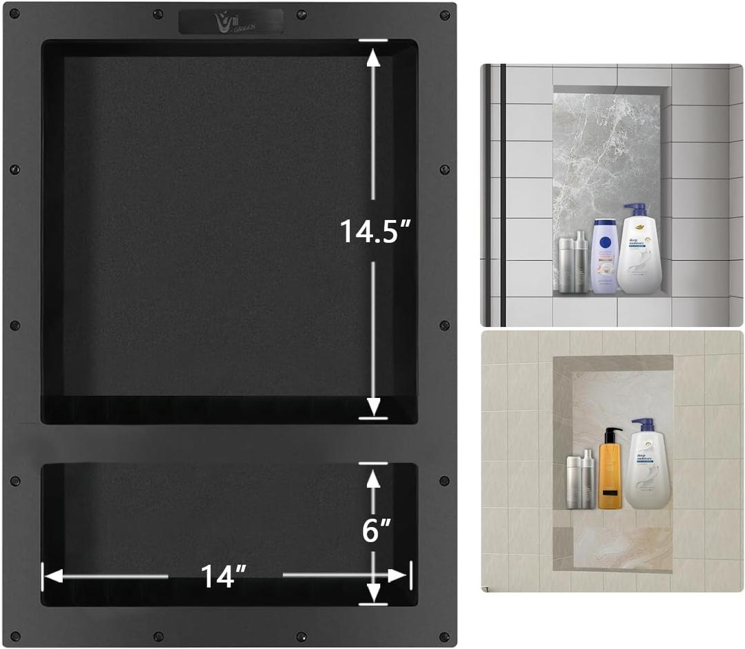 Ready Tile Double Shelf Shower Niche 25" x 17" x 4" Dimensions - Toiletry and Bathroom Niche Storage- Simple Installation with Texture Surface Shower Cubby Double Shelves