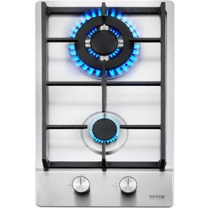 VEVOR Gas Cooktop 12 inch, Max 12250BTU 2 Burners Built-in Stainless Steel Gas Stove Top, LPG/NG Convertible Dual Fuel Natural Gas Hob with Thermocouple Protection for Outdoor, Kitchen, Camping, RV