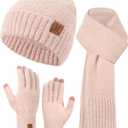 Hat Scarf And Gloves For Women, Winter Hats Womens Beanie Scarf Cold Weather Touchscreen Gloves Gift Set, Fall Accessories (Pink)
