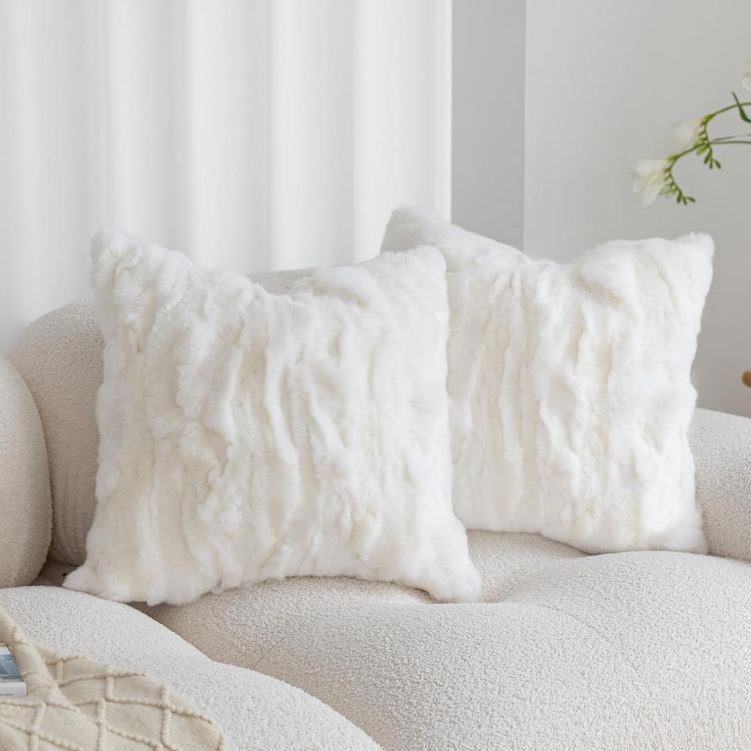 Genuine Rabbit Fur Throw Pillow Covers Set of 2,Luxury Decorative Pillowcases Soft Fluffy Animal Skin Accents Square Cushion Cover for Couch Sofa Bedroom Living Room Home,18x18 inch,White