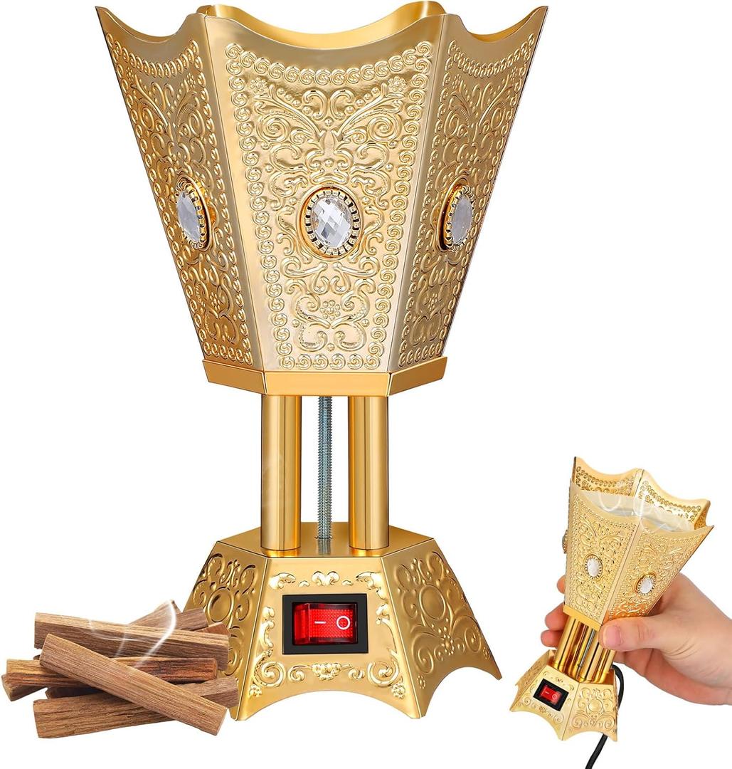 TEHAUX Electric Incense Burner Plug-in Arabian Bakhoor Burner for Home and Office Metal Electric Incense Holder for Middle Eastern Fragrance Desktop Censer for Yoga Spa Decor 4.48 Inch (Golden Us)