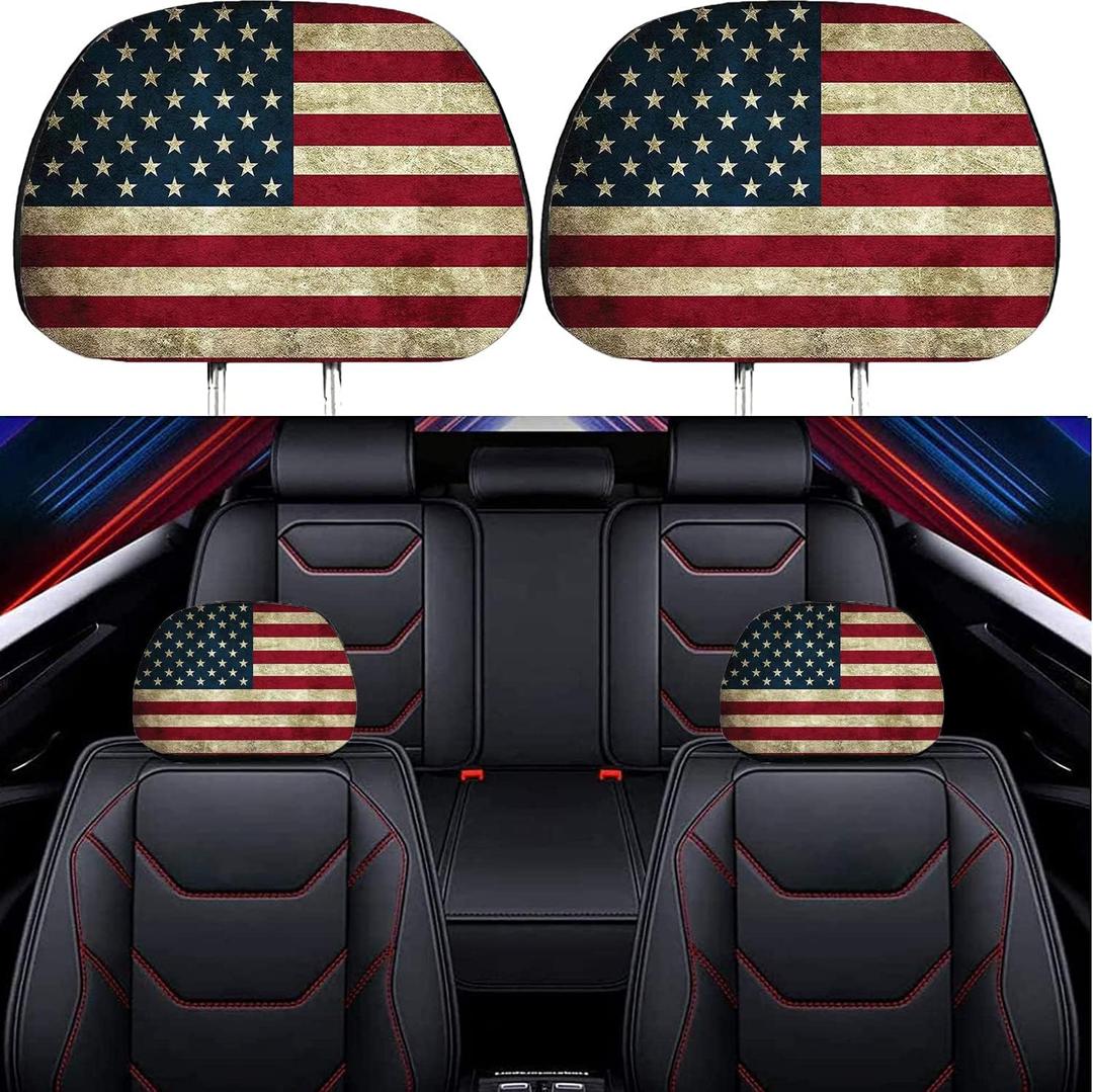 2 Pack Headrest Covers for American Flag, Seat Cover Accessories oft Black Fabric Car Headrest Protector Universal Fit to All Car/Truck Models (American Flag)