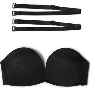 zossav Women Strapless Bra Push Up Wirefree Non-Slip Padded Bras Multiway Bandeau Convertible Straps 36A Black