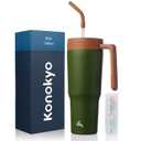 Konokyo Insulated Tumbler with Handle and Straw,40 OZ Vacuum Stainless Steel Water Bottle Travel Mug Metal Cup with Fruit Diffuser,Forest Green