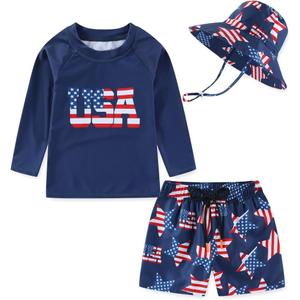 Toddlers Baby Boys' 3-Piece Rashguard Set Kids Bathing Suit Set with Hat UPF 50+ (6-9 Months, Usa Flag)