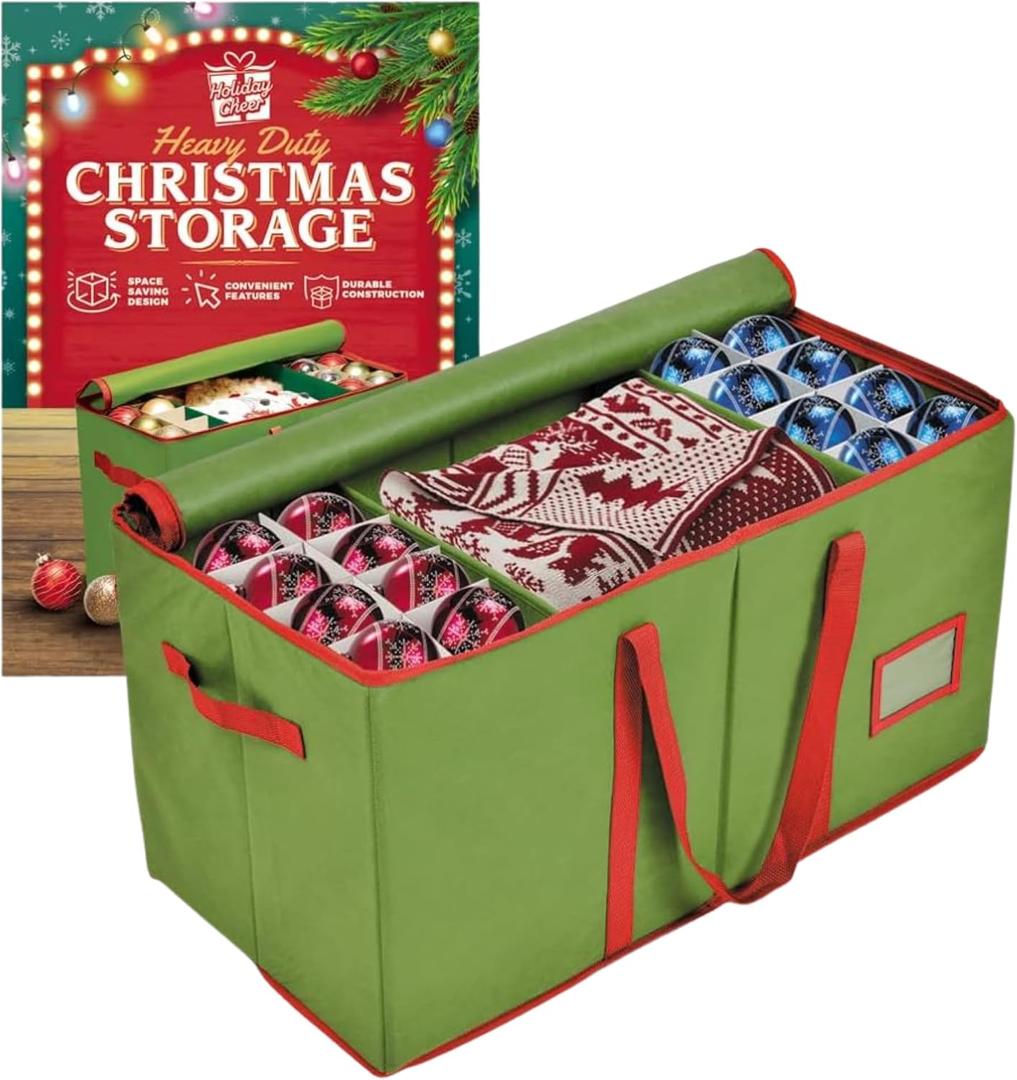 Premium Christmas Ornament Storage – Christmas Storage Container Perfect for Holiday Decorations and Ornament Storage Box – Fits 128 Holiday Ornaments – Tear-Proof Fabric