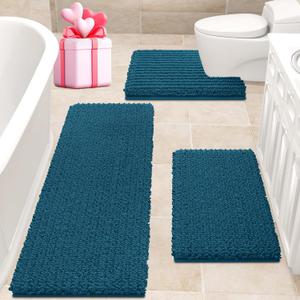 ACCUMTEK Upgrade Extra Large Teal Blue Bathroom Rug Set 3 Pieces Ultra Soft, Thick Absorbent Bath Mats, Non Slip Chenille Toilet Mat for Bathroom, Bedroom, Kitchen (48"x20"+ 24"x17"+ U Shape 20"x24")