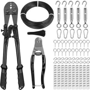 TooTaci 1/16" Wire Rope Kit, 200FT 1/16 Black Vinyl Coated Stainless Steel Cable with Wire Rope Crimping Tool Kit & Turnbuckle, Tension Cable for String Light Hanging, Garden Trellis, Curtain