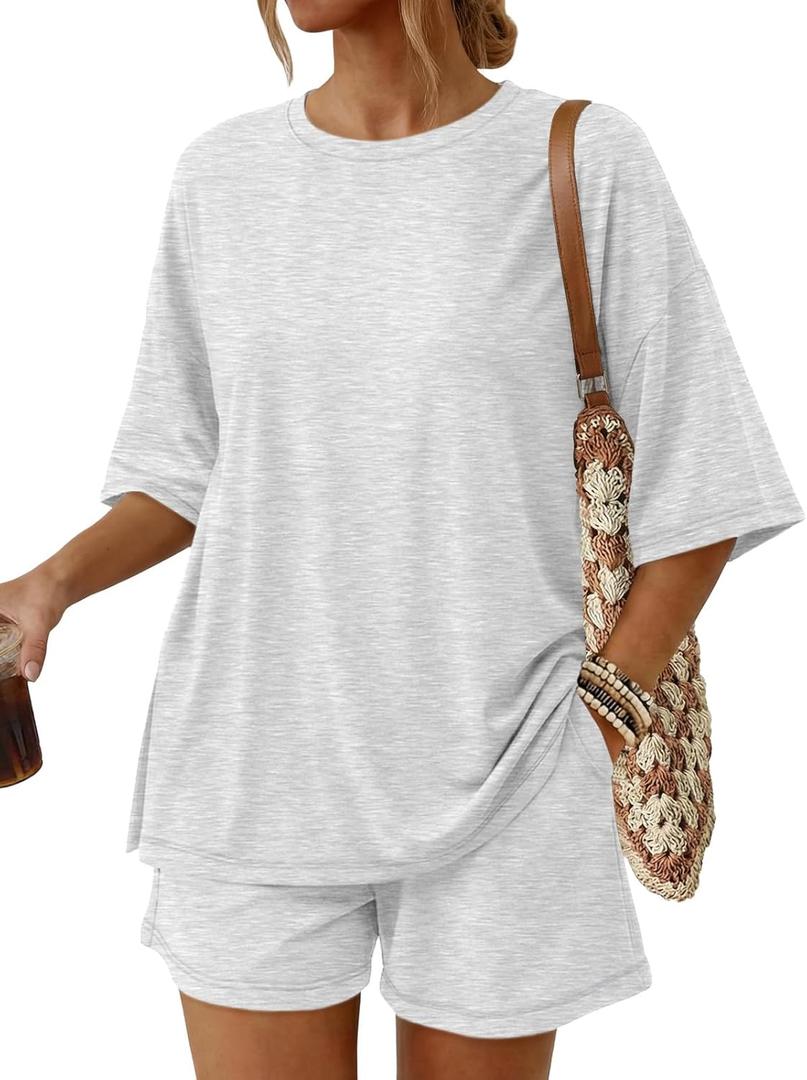 Trendy Queen 2 Piece Summer Set Oversized Top & Loose Fit Shorts with Pockets (Medium, Oatmeal Grey)