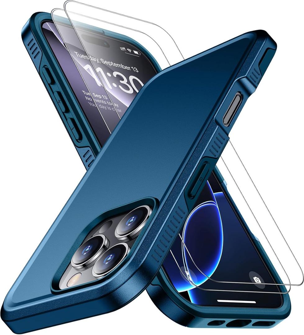 SPIDERCASE Designed for iPhone 16 Pro Case, [12 FT Military Grade Protection] 2 Pack [Tempered Glass Screen Protectors] Heavy Duty Shockproof Flip Cell Phone Cases,Sea Blue