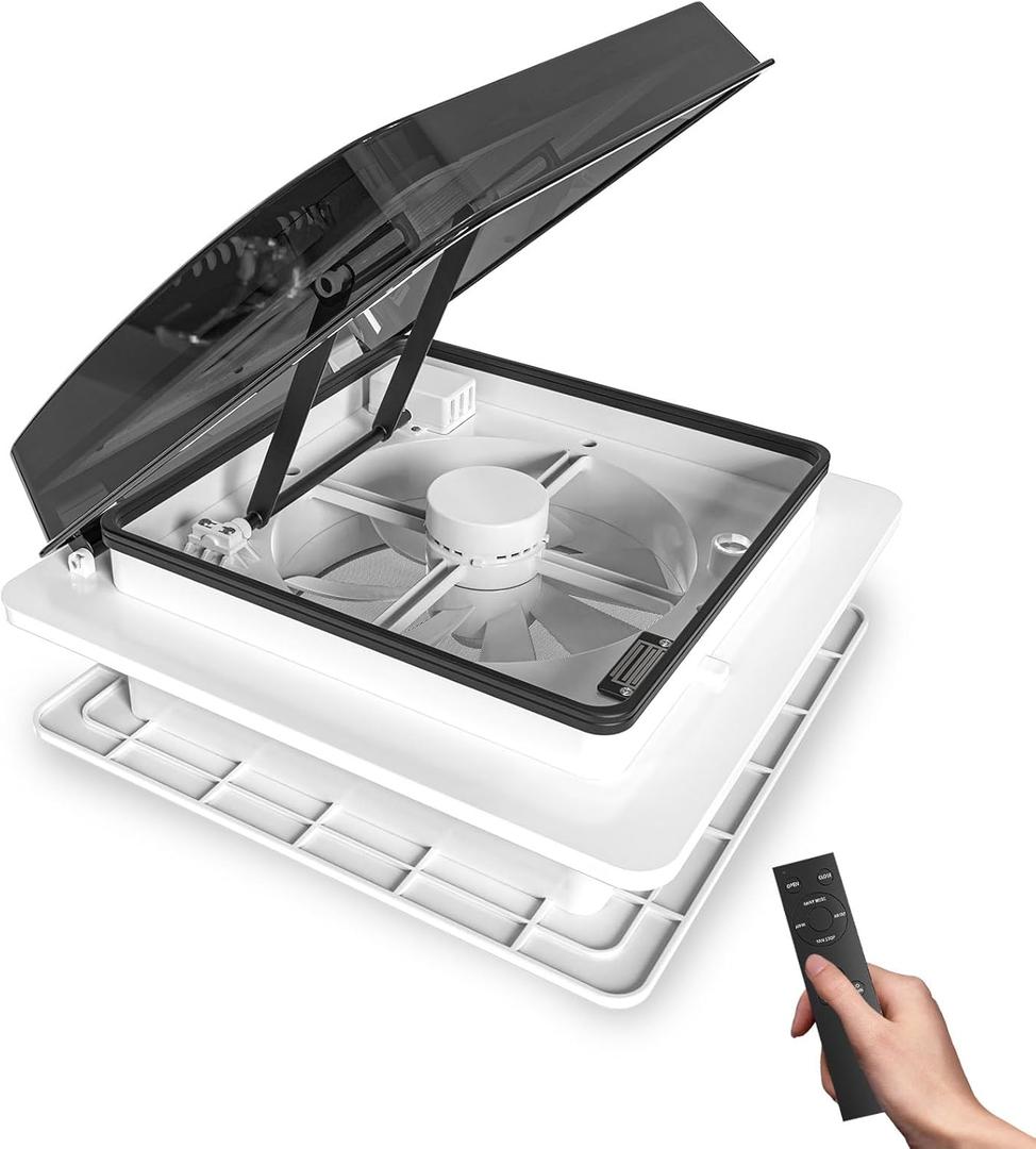 2012 Air Max 14" Vent RV Roof Vent Reversible Exhaust Fan, Ultra Low Sound RV Air Ventilation Ceiling Fan 12V Remote with Rain Sensor (Black semi-transparent 1)