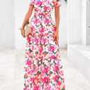 PRETTYGARDEN Women's 2026 Summer Boho Maxi Dresses Floral Short Sleeve V Neck A Line Tiered Flowy Long Beach Vacation Dress (Pink, XXL)