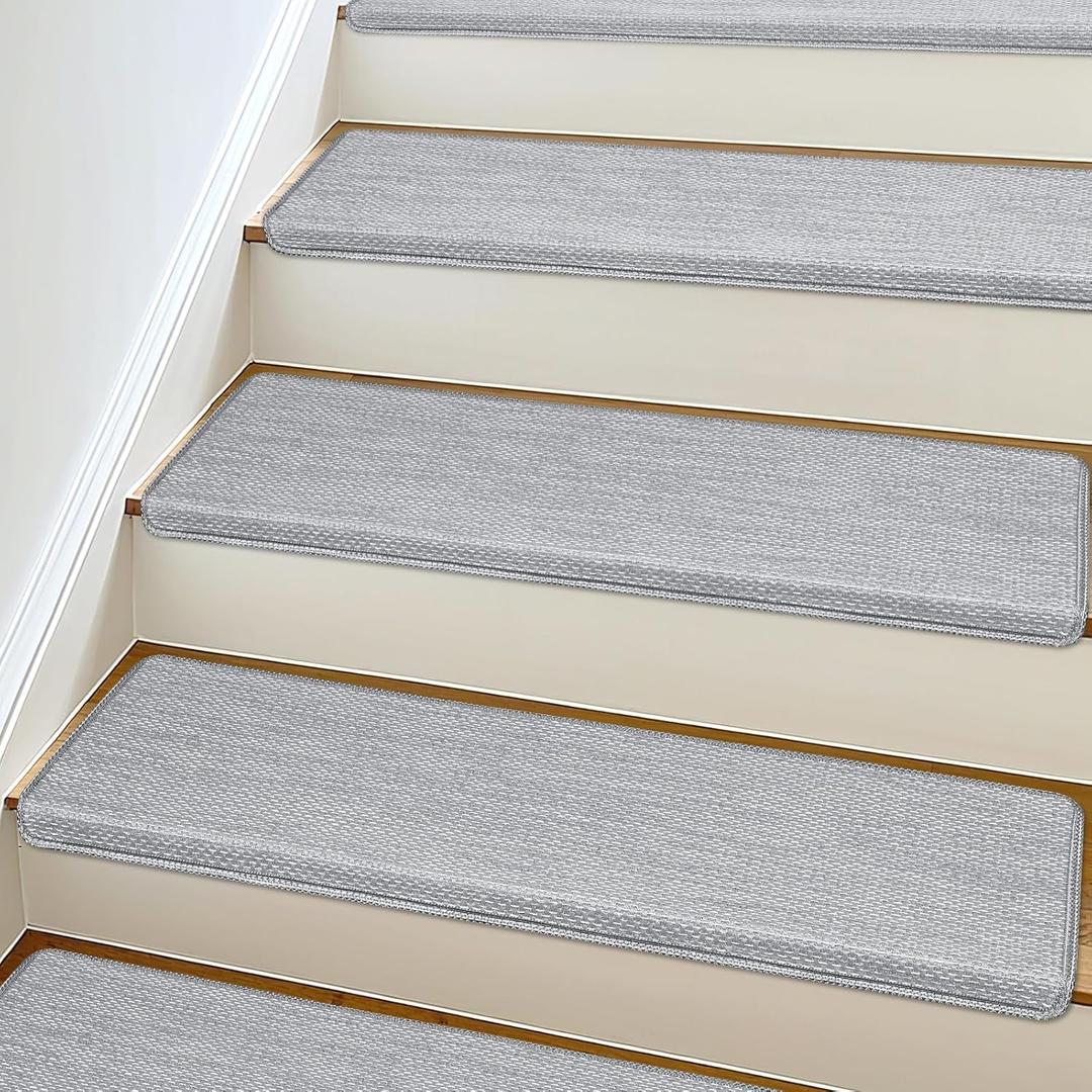 SMILOOL Bullnose Carpet Stair Treads Non Slip for Wooden Steps Indoor, 9.5" x 35" 8 Pieces, Extra Wide Bull Nose Carpet Runners for Wood Stairs, Step Covers, Stair Tread Rugs, Washable, Light Grey