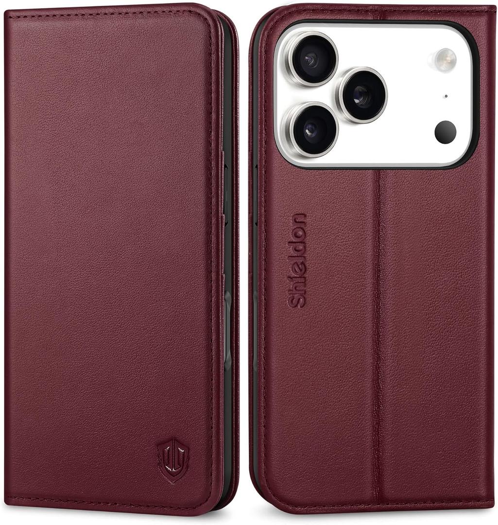 SHIELDON Genuine Leather Case Wallet for iPhone 17 Pro 5G 6.3" | RFID Blocking Credit Card Holder | Magnetic Closure | Folio Cover | Kickstand | TPU Soft Phone Shell 2025 | Wine Red