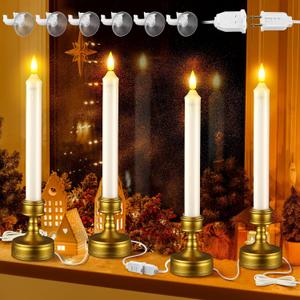 Enhon 4 Pack Christmas Electric Candles with Connectable Plug, Holiday Night Light Window Lights for Window Table Indoor Holiday Decoration