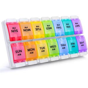 Sukuos AM PM Weekly Pill Organizer 2 Times A Day, Large Daily Pill Box Case 7 Day with Easy Push Button Design, Detachable Medicine Holder for Vitamin/Fish Oil/Supplements (Rainbow)