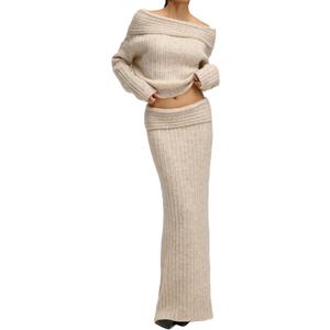 Kwunbwa Skirt Sets Women 2 Piece Outfits Off Shoulder Long Sleeve Sweater Bodycon Maxi Skirt Fall Knit Sweater Set (Beige) XL