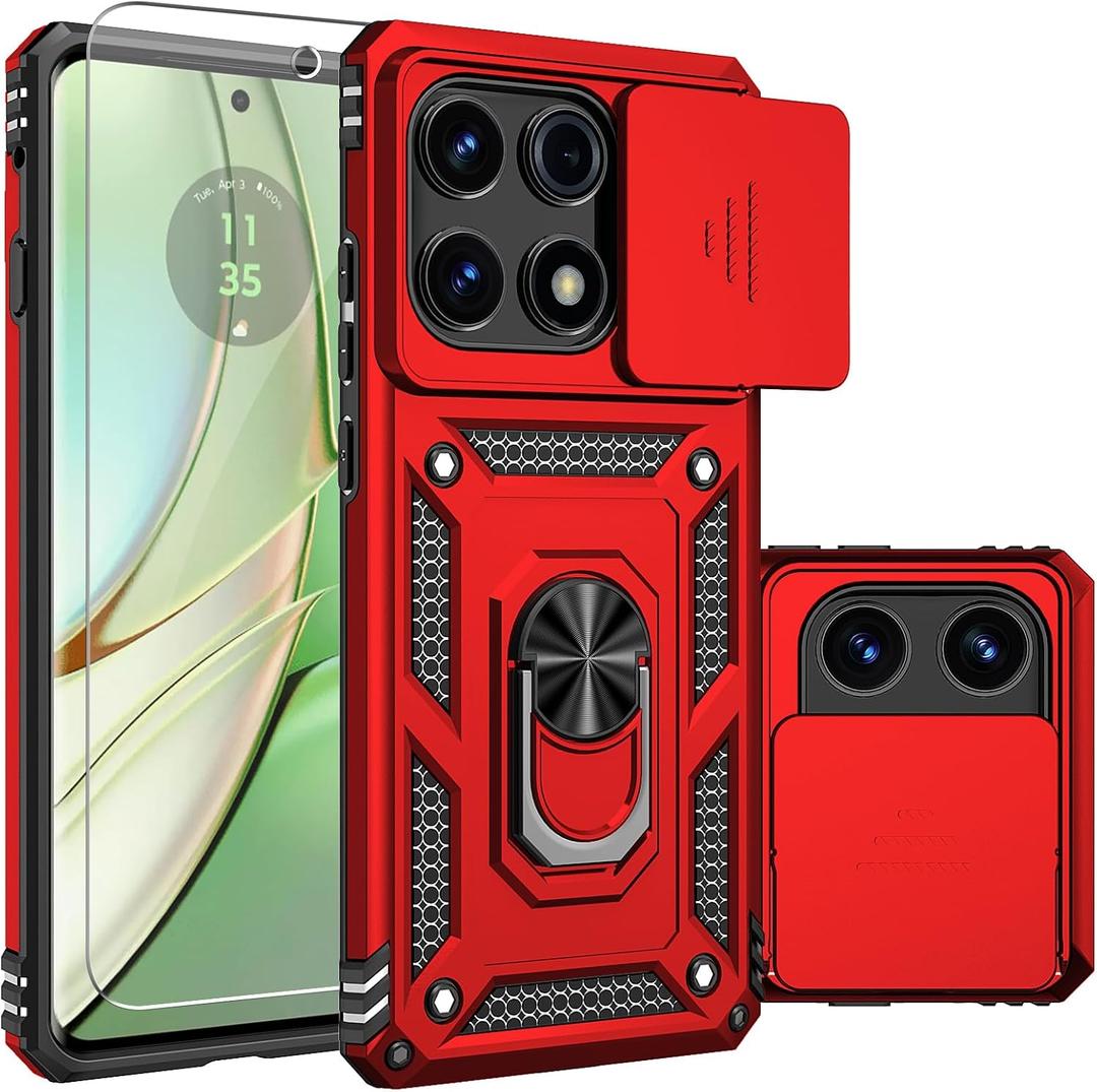 for Motorola Edge 2025 Case, Built in Slide Camera Lens Cover+ Finger Ring Holder Kickstand+ Screen Protector, Heavy Duty Shockproof Full Body Protective Phone Case, Red