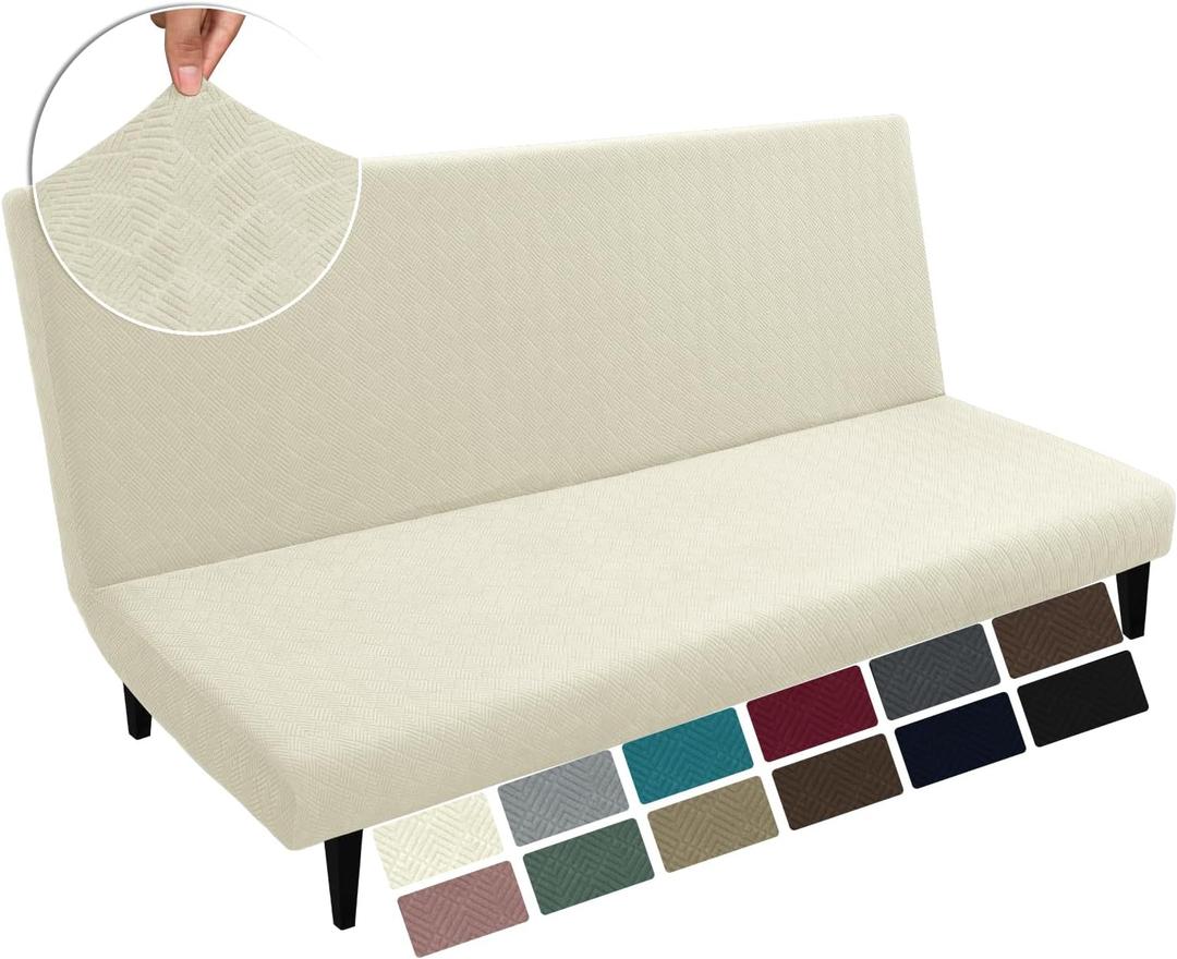 MAXIJIN Futon Cover Slipcover Full Size, Queen Mattress Cover Washable Armless Couch Covers Stretch Sofa Bed Furniture Protector with Elastic Bottom (Beige) (Diamond Pattern Beige)