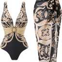 SherryDC One Piece Swimsuit with Cover up Wrap Skirt Sarong Floral Print Plunge V Neck Bathing Suit for Women (L)