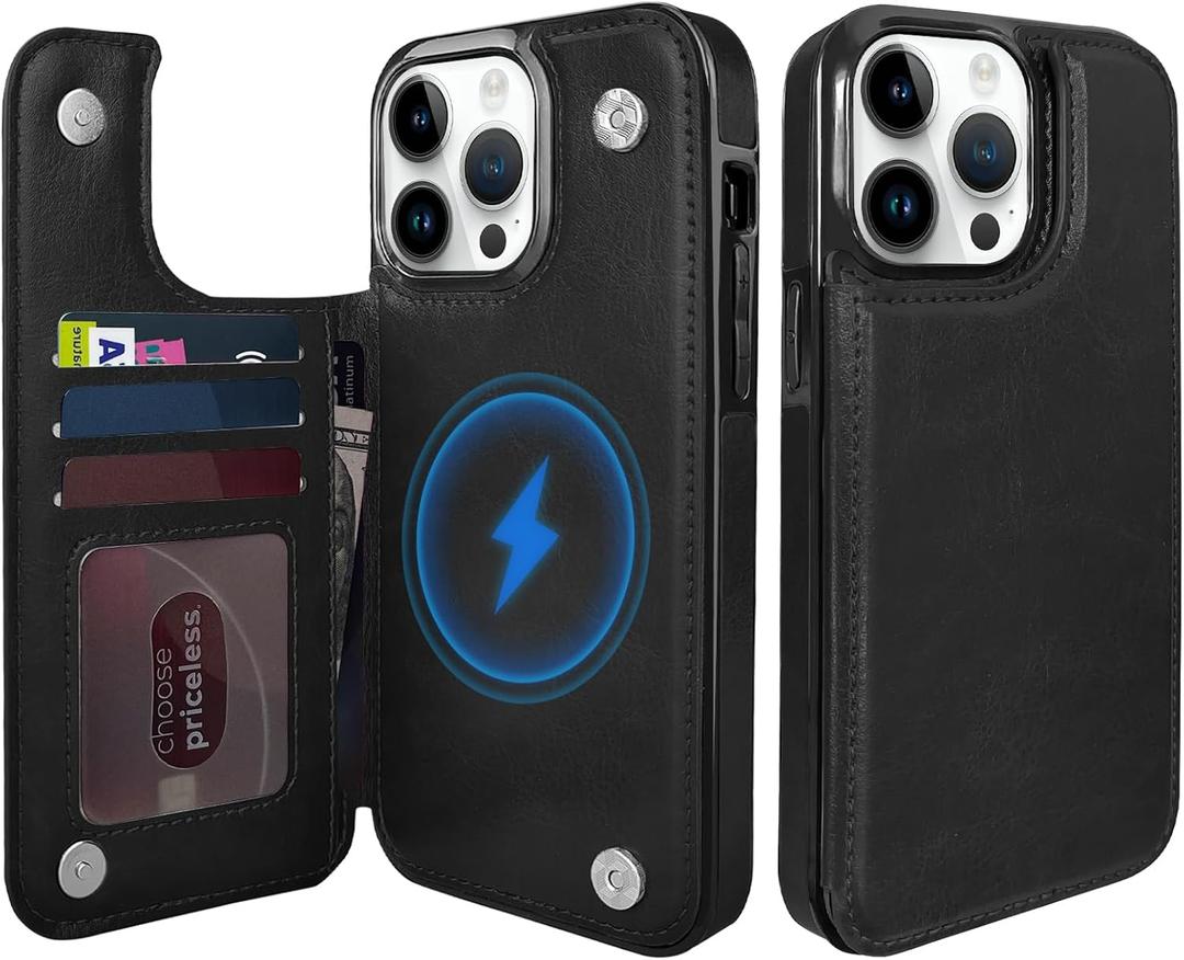 for iPhone 14Pro Max Magnetic Flip Wallet Case 6.7", Compatible with MagSafe, Leather Card Holder Kickstand for iPhone 14 Pro Max (Black, iPhone 14 Pro Max)
