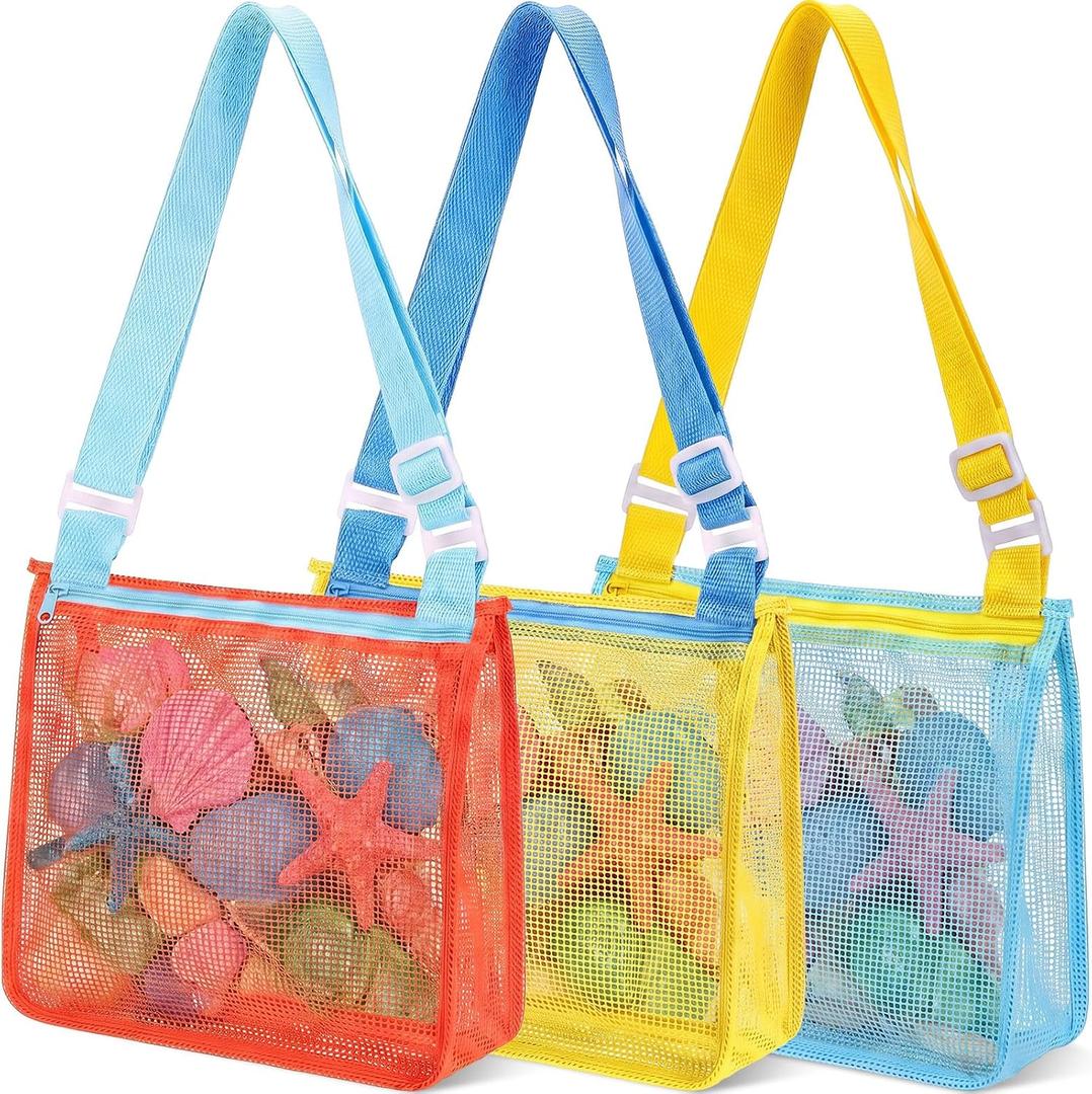 Frienda 1
 Pcs Mesh Beach Bag for Shells, Sand Toy Tote,Colors G Adjustable Straps, Zippered, Bulk Set for Kids Collecting Seashells, Quick-dry Mesh, Holds Sand Toys Swim Gear