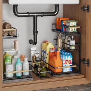 Under Sink Organizer and Storage for Bathroom and Kitchen - 2 Pack 3 Tier Under Cabinet Pull Out Shelf Organizers - Slide Out Drawer Organization for Home Cabinets Shelves and Drawers (Black)