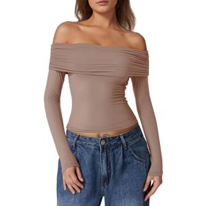 QINSEN Womens Off The Shoulder Tops Double Lined Long Sleeve T Shirts Slim Fitted Stretchy Crop Top (Large)