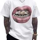 GORGLITTER Men's Lip Pattern Graphic Tees Loose Short Sleeve Crewneck T Shirts Streetwear Top, Size S