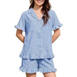 Kissonic Womens Striped Pajamas Set 2 Piece Cotton Short Sleeve Ruffle Pajama V Neck Striped Pjs Lounge (S)