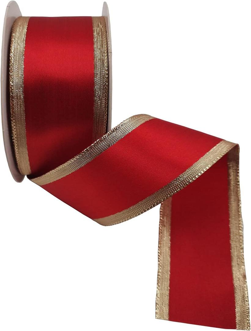 Red Wired Satin Ribbon Double Sided with Gold Lame Edges,1.5 Inch X 10 Yards (N2006)