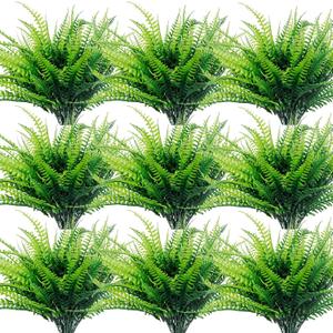 TURNMEON 12 Bundles Fake Boston Fern Artificial Plants Outdoor Summer Decor, UV Resistant Faux Plants Flowers Plastic Greenery Shrubs Outside Indoor for Home Gardens Patio Yards Porch Spring Decor