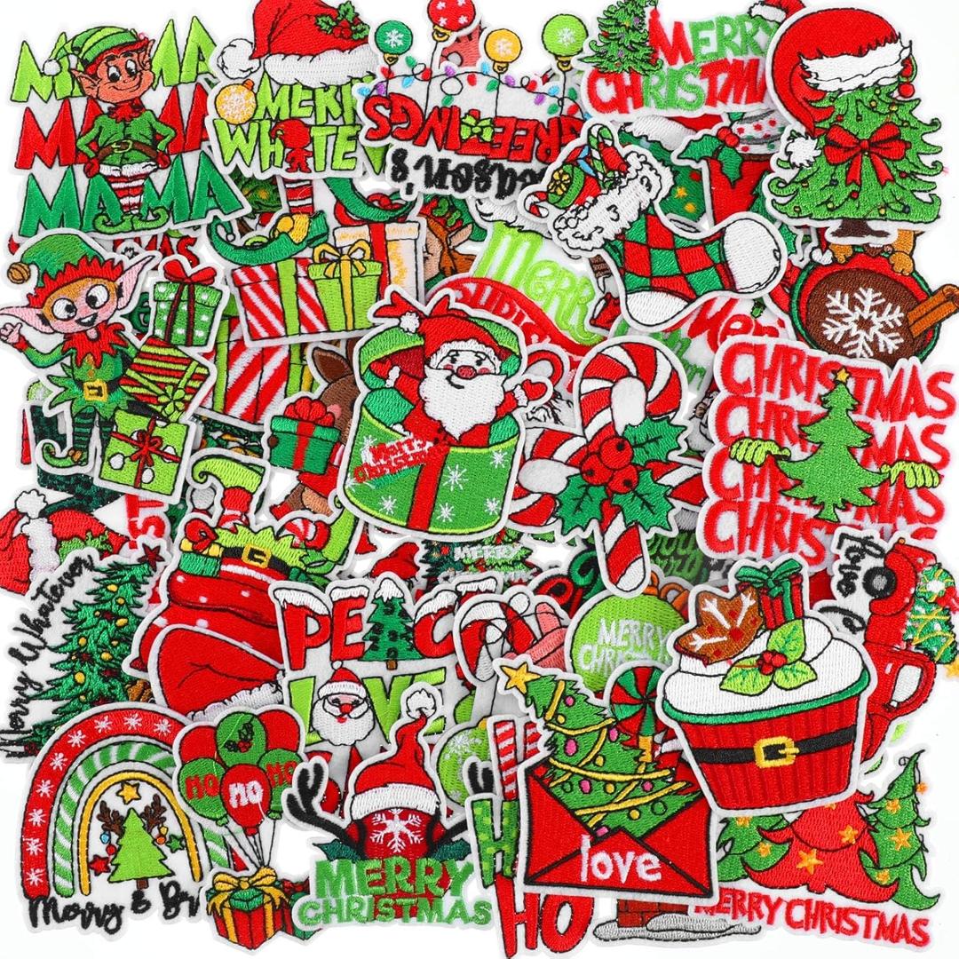 50 Pcs Themed Iron on Patches with Words Embroidered Sew on Cloth Colorful Multiple Styles Iron on Patches for Clothes Hats Backpacks Jackets Accessories Souvenirs Gifts(Green Christmas)