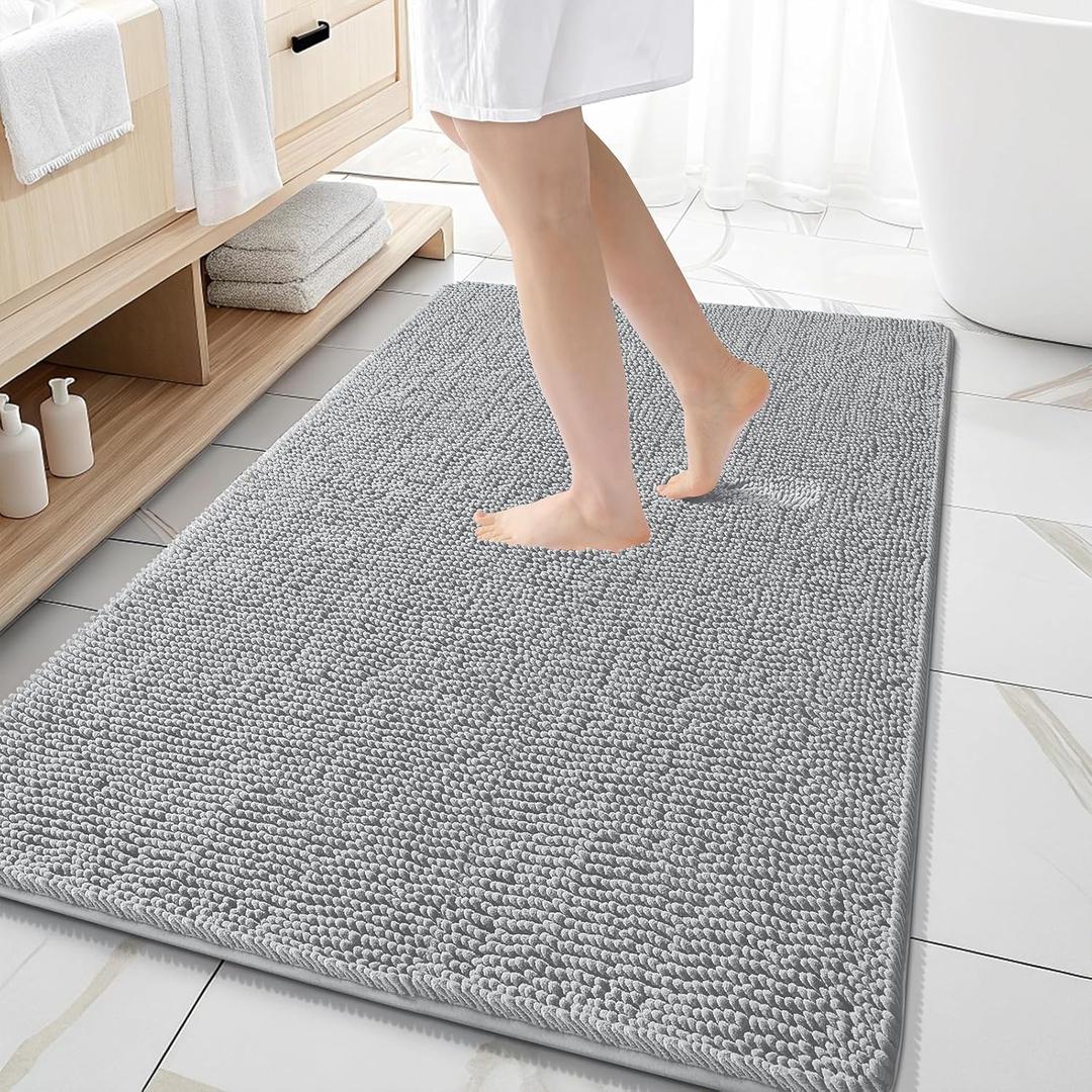 OLANLY Large Bathroom Rugs 59x35, Extra Soft Absorbent Chenille Bath Rugs, Rubber Backing Quick Dry, Machine Washable Bath Mats for Bathroom Floor, Tub and Shower, Home Decor Accessories, Light Grey