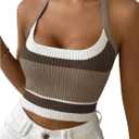 SweatyRocks Women's Striped Halter Tops Sleeveless Slim Fit Knit Cropped Tank Tops Brown, Large
