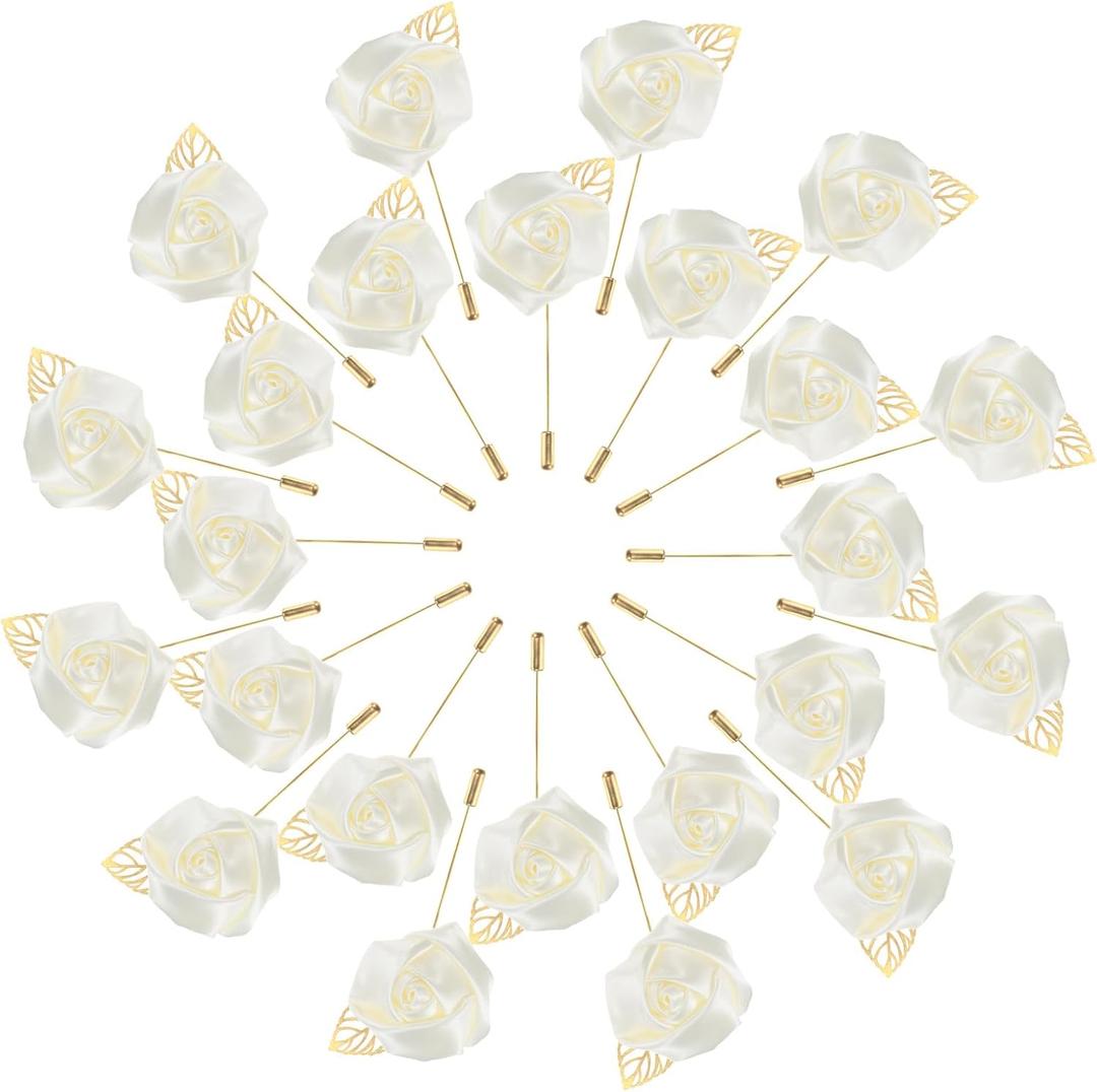 M METERXITY 48-Pack Flower Lapel Pins for Men, Golden Leaf Rose Boutonnieres Pin Groom Boutonnieres for Wedding/Dance/Party, Men Lapel Pins for Suits Satin Flower Corsage [Milky White]