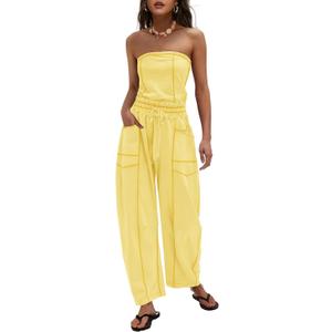 LAMISSCHE Womens Casual Strapless Jumpsuits off the Shoulder Summer Rompers Sleeveless One Piece Outfits with Pockets (L)