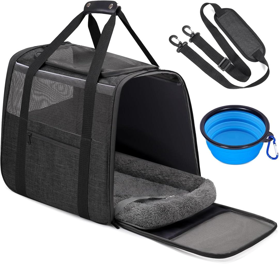 JUNGYOUN Premium Cat Carrier - Pet Carrier for Cat & Small Dogs up to 15lbs - Airline Approved Travel Dog Carrier with Anti-Escape Zippers, Collapsible Travel Bowl & Padded Strap,Dark Grey (17.5"L x 12.4"W x 13.5"H, Dark Grey(Thickened Wool Mat))