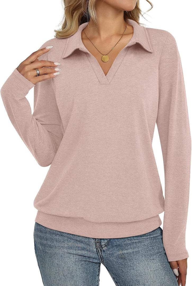 TICTICMISS Womens Polo Shirts Long Sleeve Banded Bottom Tops Business Casual Tops Collared V Neck Blouses (L)
