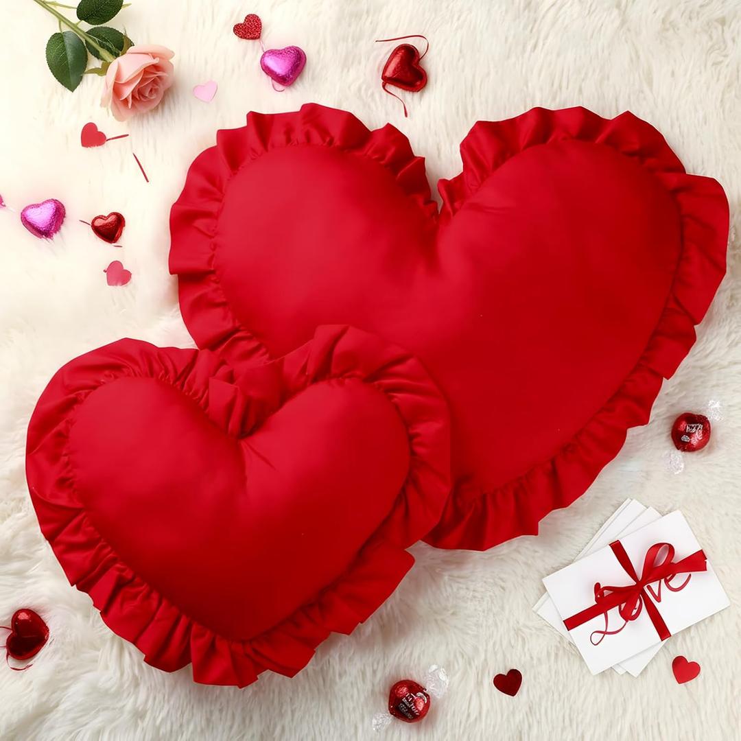 2 Pcs Heart Shaped Pillows 20 Inches Heart Decorative Throw Pillow Pink White Fluffy Faux Fur Love Pillows for Wedding Living Room Bedroom Nursery Decor(Lace,Red)