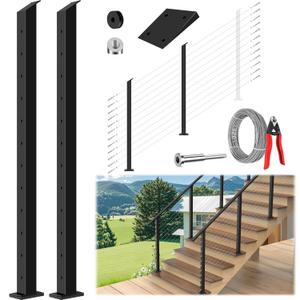 42" Complete Set Stair Cable Railing Post Kits, 2 Pack 33 Drilled Black Deck Post Fit 28-38 Stairway, Included 102FT Stainless Steel Wire Rope, 24 Tensioner, 24 Angle Washer (No Handrail) (2x Stair Post Kits)