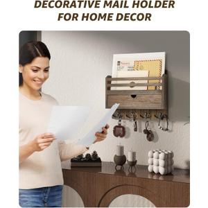 Rebee Vision Farmhouse Wood Mail Organizer Wall Mount - Key and Mail Holder for Wall with Storage Drawer and 7 Key Hooks - Rustic Home Decor for Entryway, Office and Garage (Retro Brown)