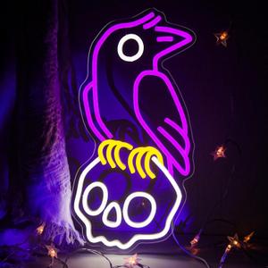 Crow Skull Christmas Neon Sign for Bedroom Dimmable Skull Light Horror Neon Signs Wall Decor Skull Lamp Led Neon Light for Man Cave Beer Bar Game Room Party Christmas Decor Gifts